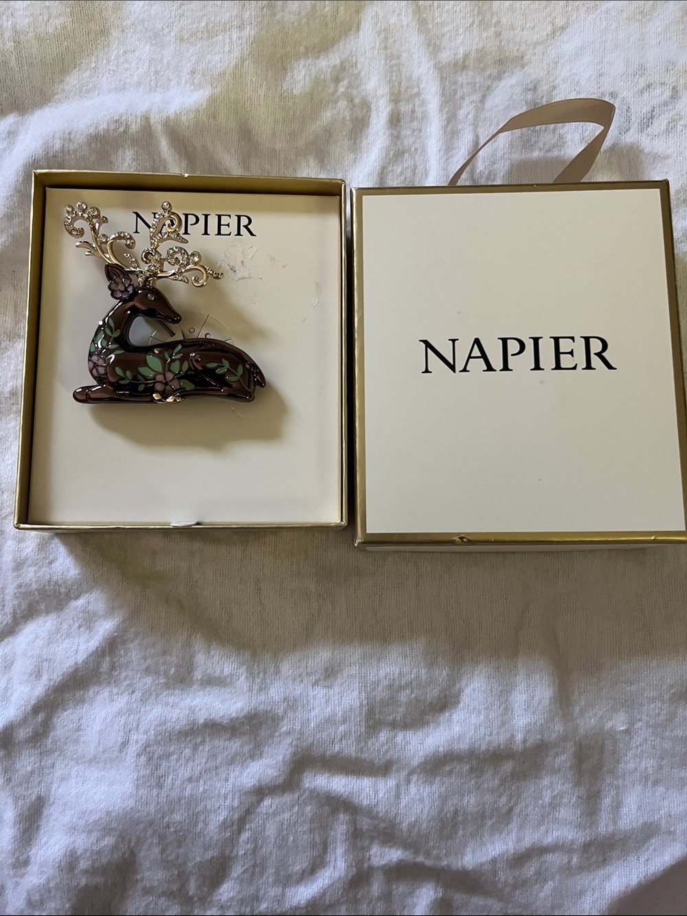 Napier Brown Enamel Deer Brooch with Gold-Tone Antlers and Green Leaf Accents
